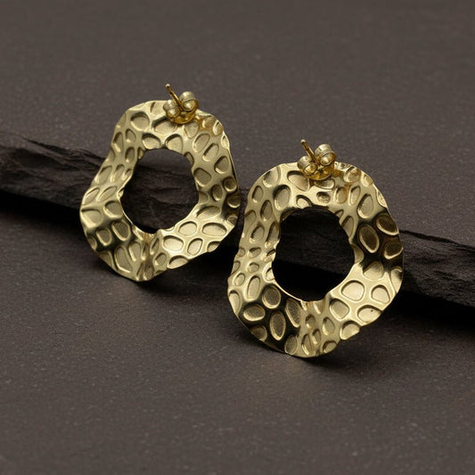 925 Sterling Silver Gold - Plated Textured Open Circle Earrings - Zirak Silver