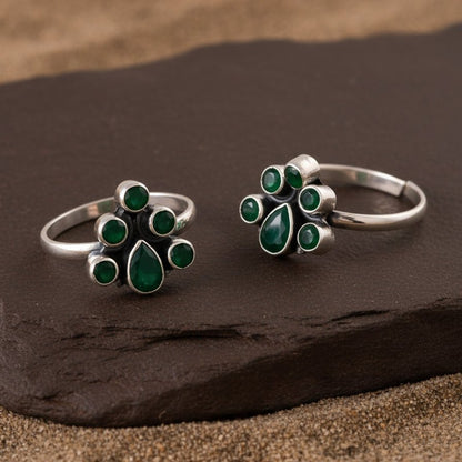 925 Sterling Silver Green Stone Cluster Toe Rings – Adjustable Tribal Jewelry - Zirak Silver