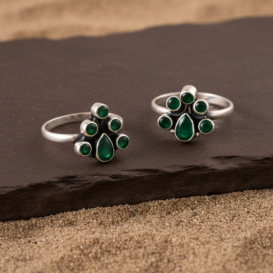 925 Sterling Silver Green Stone Cluster Toe Rings – Adjustable Tribal Jewelry - Zirak Silver