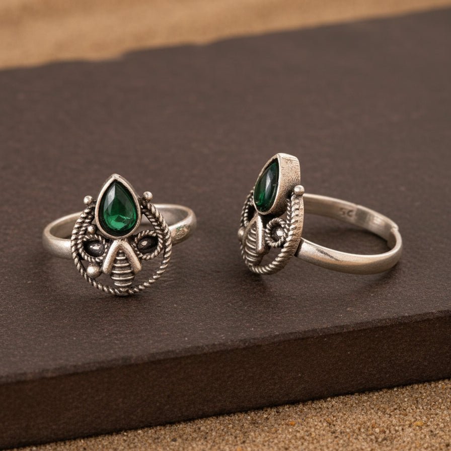 925 Sterling Silver Green Stone Teardrop Toe Rings – Adjustable Tribal Design - Zirak Silver