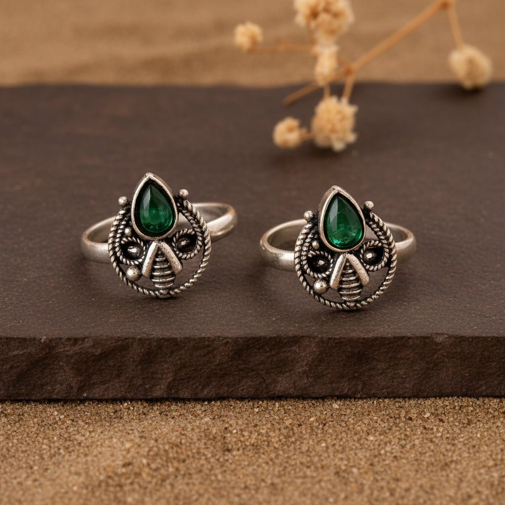 925 Sterling Silver Green Stone Teardrop Toe Rings – Adjustable Tribal Design - Zirak Silver
