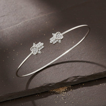 925 Sterling Silver Hamsa Heart Open Cuff Bracelet with CZ Stones - Zirak Silver