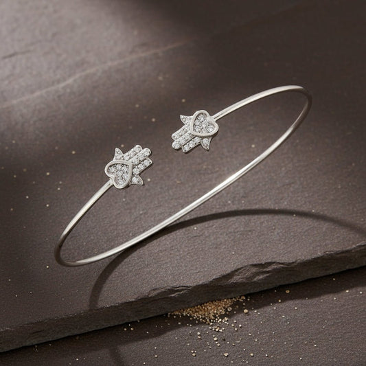 925 Sterling Silver Hamsa Heart Open Cuff Bracelet with CZ Stones - Zirak Silver