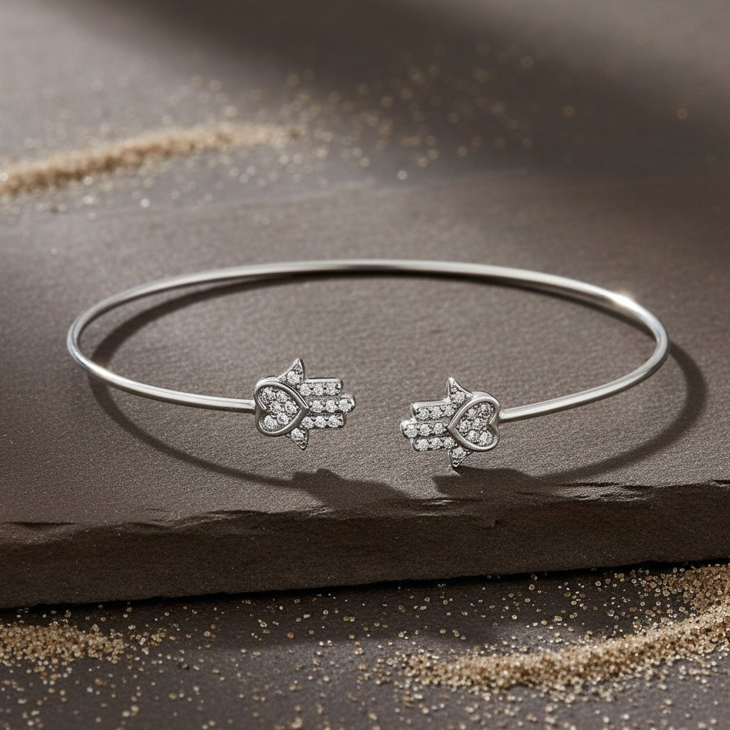 925 Sterling Silver Hamsa Heart Open Cuff Bracelet with CZ Stones - Zirak Silver