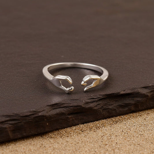 925 Sterling Silver Hand - Holding Adjustable Ring | Minimal Friendship & Love Ring | Artistic Silver Jewelry - Zirak Silver