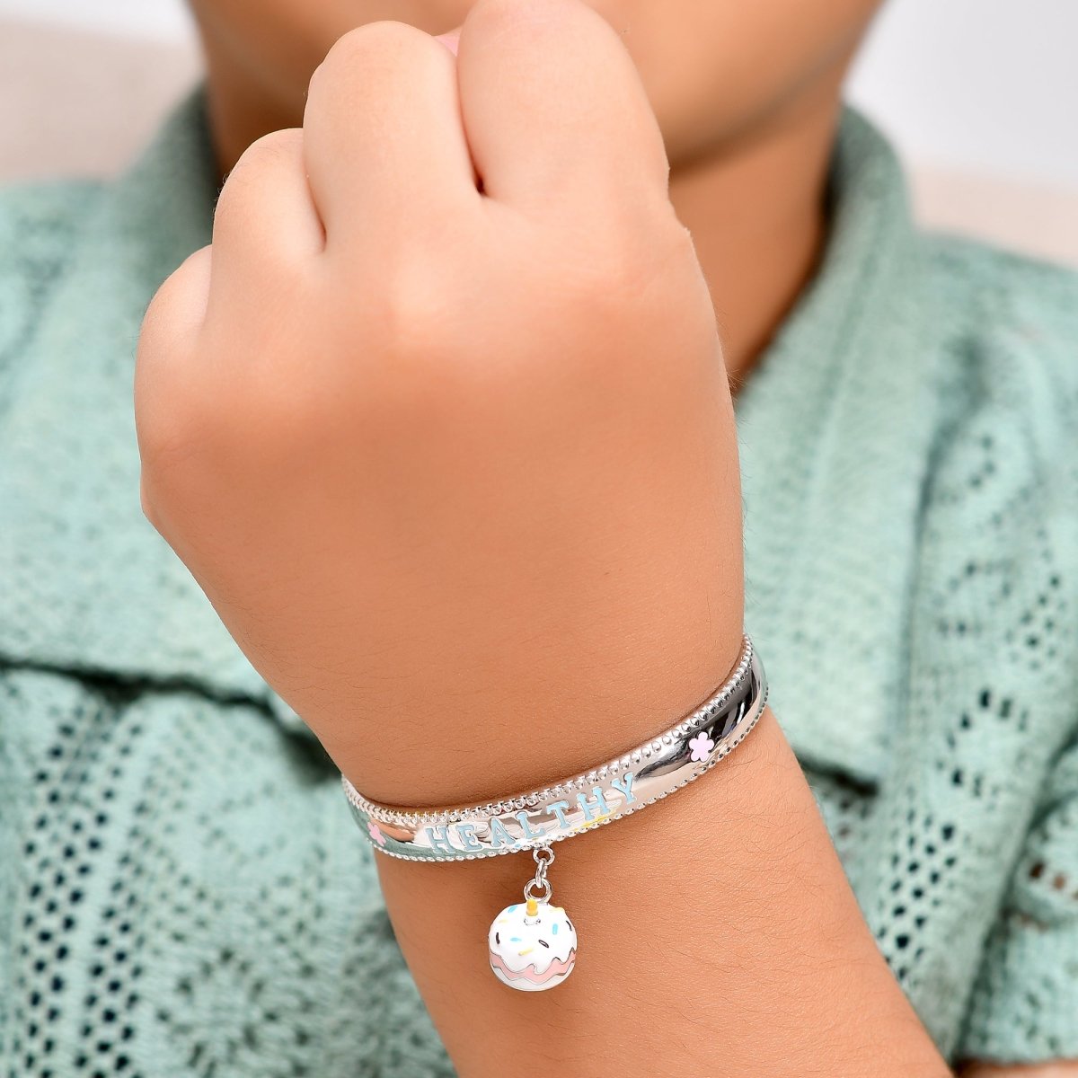 925 Sterling Silver “Healthy” Letter Bangle with Dangling Birthday Cake Charm – Adjustable Kids Bracelet - Zirak Silver