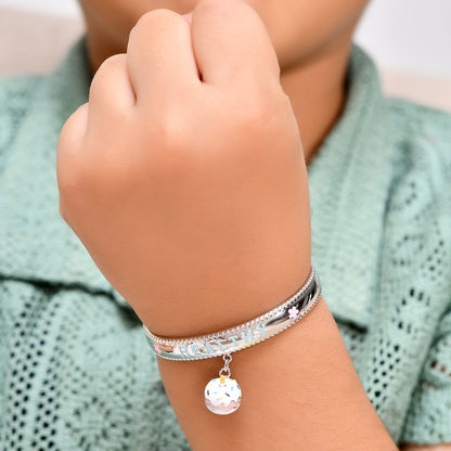 925 Sterling Silver “Healthy” Letter Bangle with Dangling Birthday Cake Charm – Adjustable Kids Bracelet - Zirak Silver