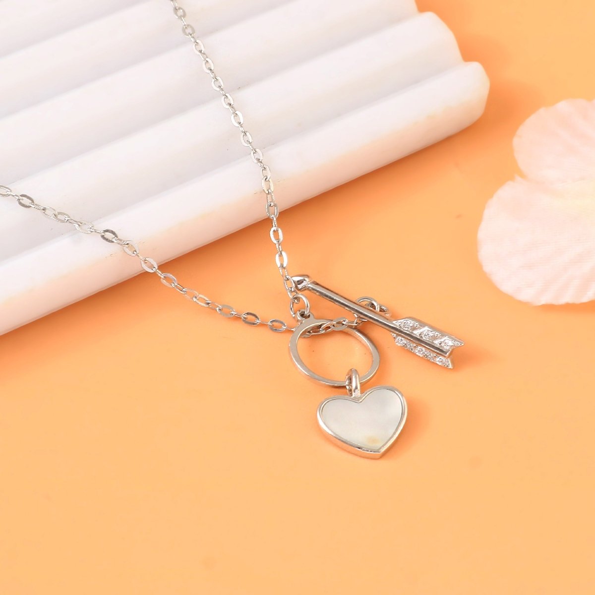 925 Sterling Silver Heart & Arrow Necklace | Mother of Pearl Heart Pendant with CZ Arrow Charm - Zirak Silver