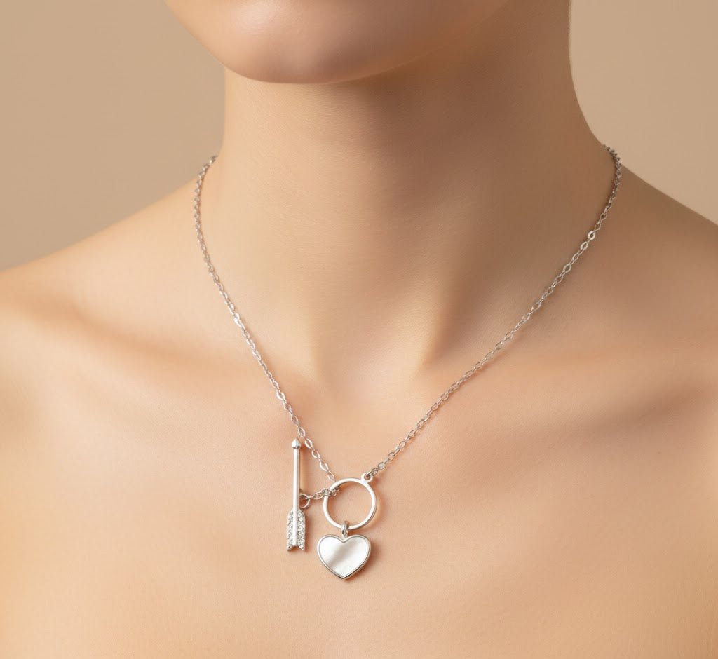 925 Sterling Silver Heart & Arrow Necklace | Mother of Pearl Heart Pendant with CZ Arrow Charm - Zirak Silver