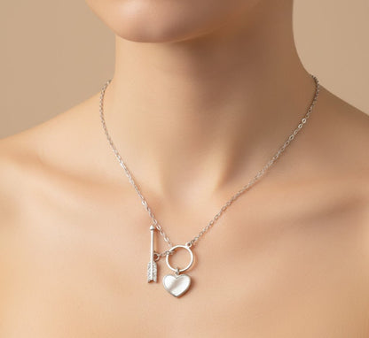 925 Sterling Silver Heart & Arrow Necklace | Mother of Pearl Heart Pendant with CZ Arrow Charm - Zirak Silver