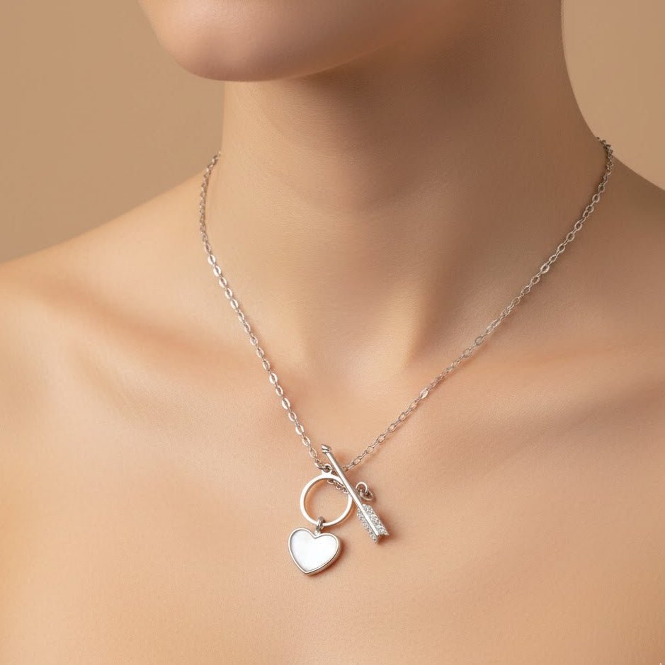 925 Sterling Silver Heart & Arrow Necklace | Mother of Pearl Heart Pendant with CZ Arrow Charm - Zirak Silver