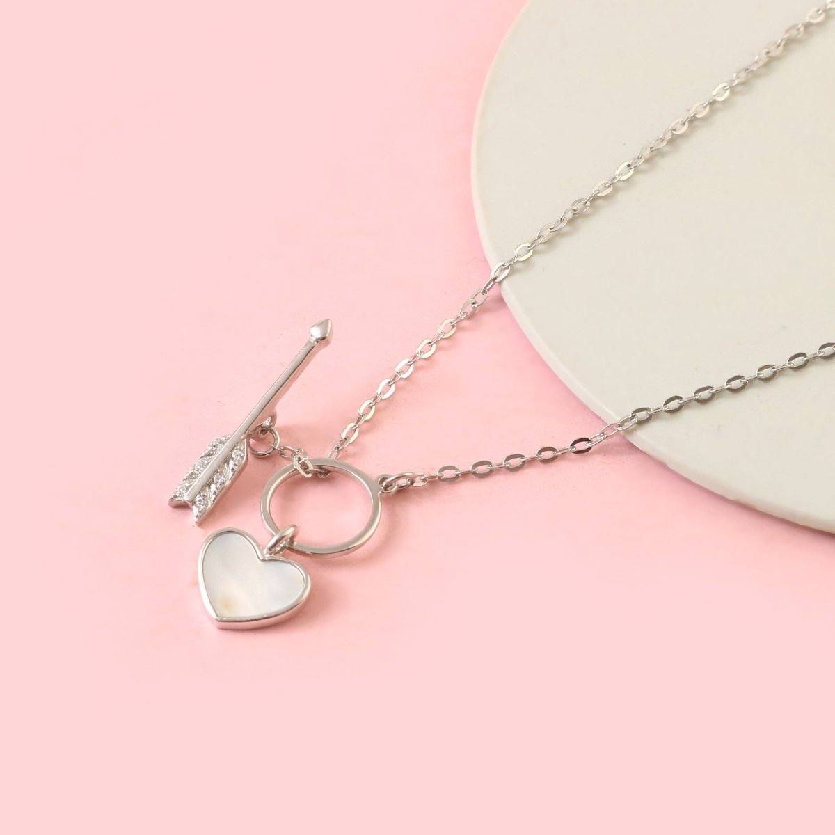 925 Sterling Silver Heart & Arrow Necklace | Mother of Pearl Heart Pendant with CZ Arrow Charm - Zirak Silver