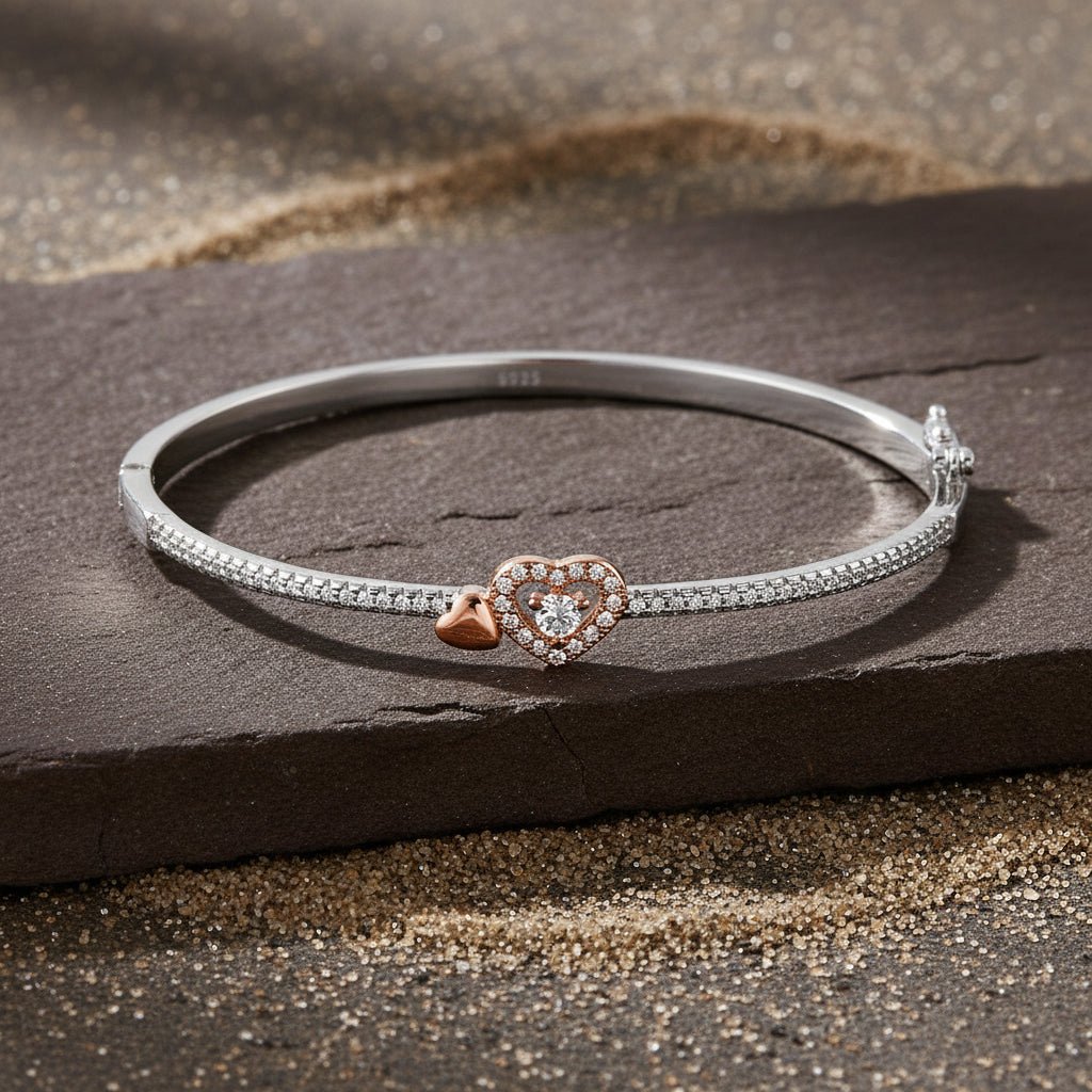 925 Sterling Silver Heart CZ Bracelet with Rose Gold Accent - Zirak Silver