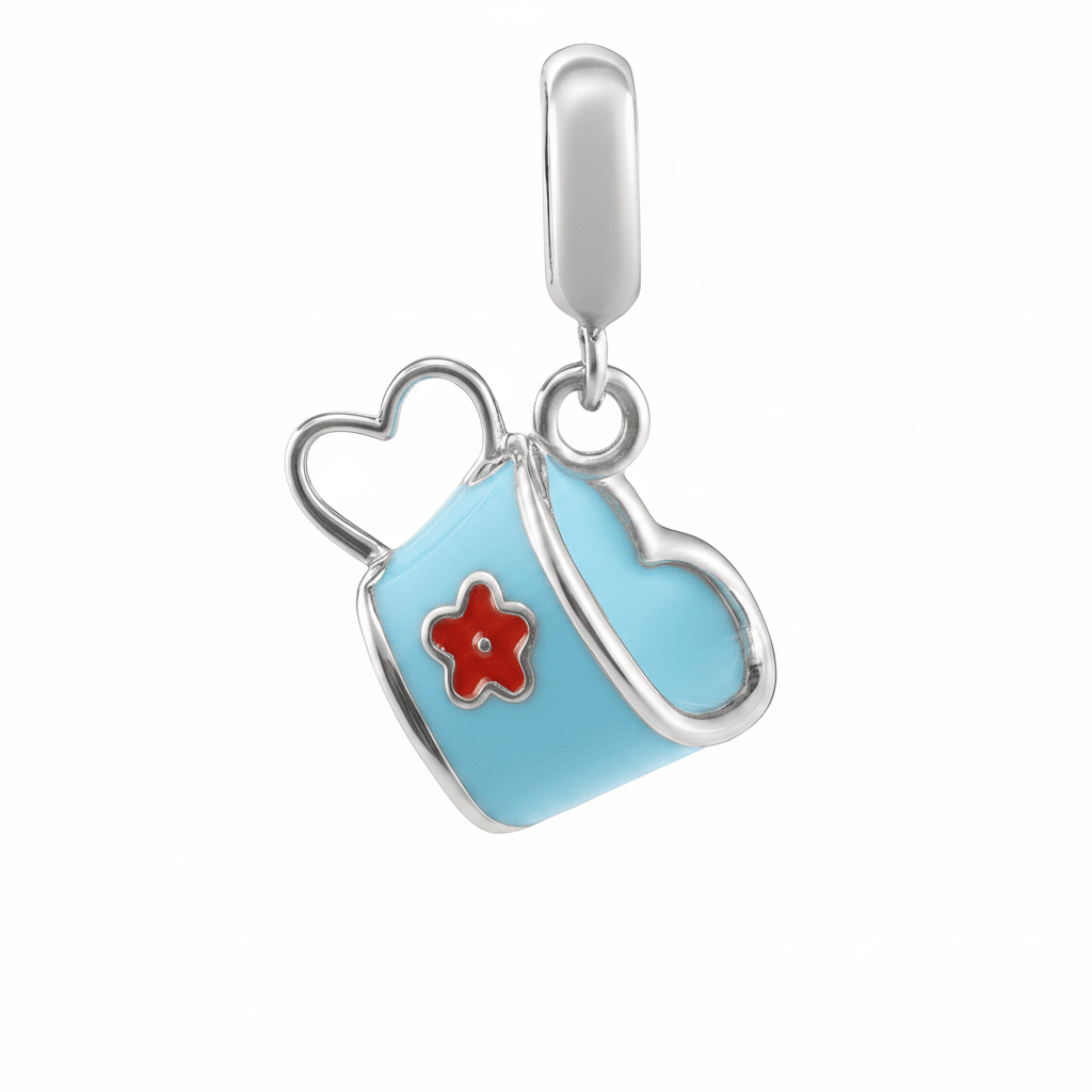 925 Sterling Silver Heart - Handle Teacup Charm with Pastel Yellow Enamel & Flower Accent - Zirak Silver