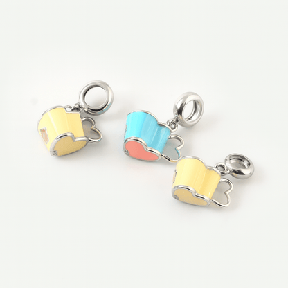 925 Sterling Silver Heart - Handle Teacup Charm with Pastel Yellow Enamel & Flower Accent - Zirak Silver