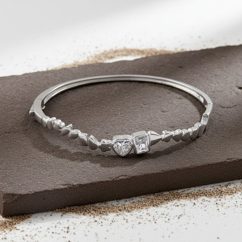 925 Sterling Silver Heart & Square CZ Bangle Bracelet - Zirak Silver