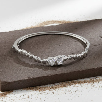 925 Sterling Silver Heart & Square CZ Bangle Bracelet - Zirak Silver