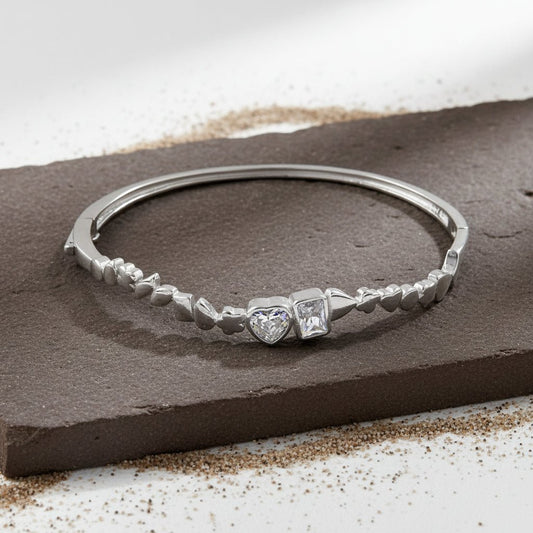 925 Sterling Silver Heart & Square CZ Bangle Bracelet - Zirak Silver