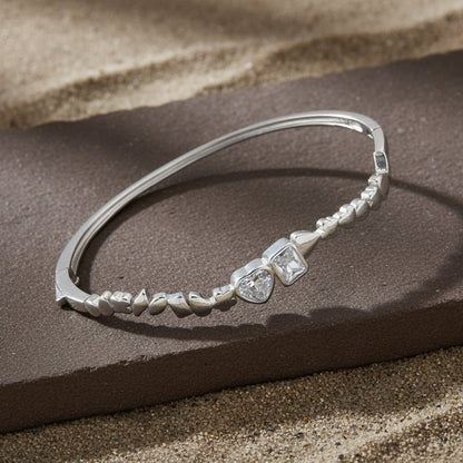 925 Sterling Silver Heart & Square CZ Bangle Bracelet - Zirak Silver