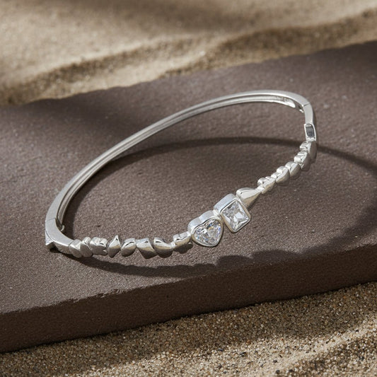 925 Sterling Silver Heart & Square CZ Bangle Bracelet - Zirak Silver