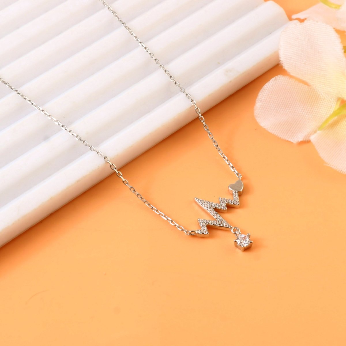 925 Sterling Silver Heartbeat Necklace | CZ Drop Pendant with Heart Charm | Minimal Everyday Silver Jewelry - Zirak Silver