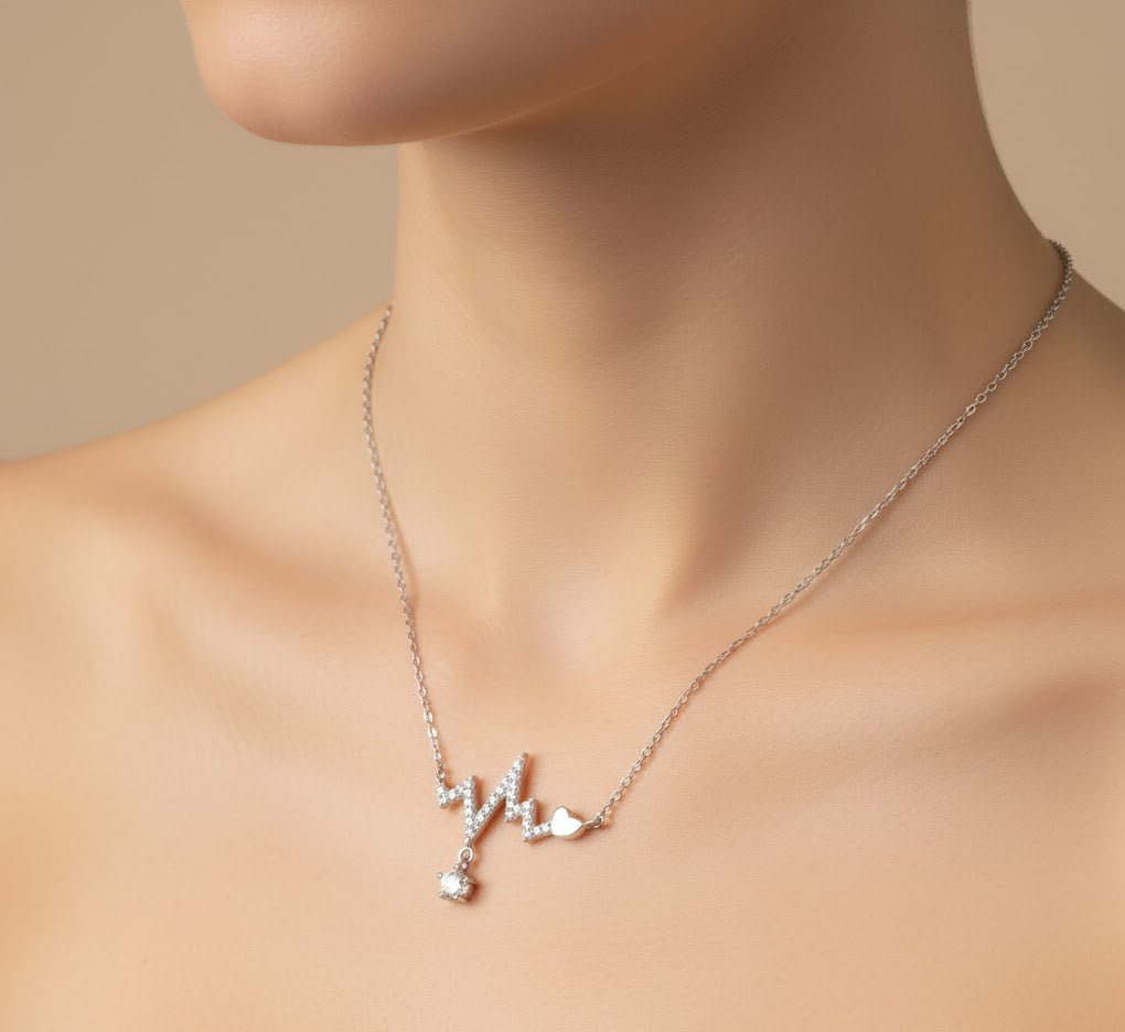 925 Sterling Silver Heartbeat Necklace | CZ Drop Pendant with Heart Charm | Minimal Everyday Silver Jewelry - Zirak Silver