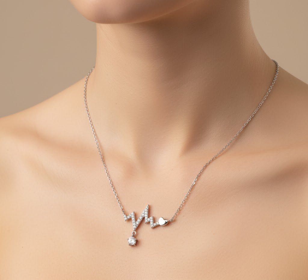 925 Sterling Silver Heartbeat Necklace | CZ Drop Pendant with Heart Charm | Minimal Everyday Silver Jewelry - Zirak Silver