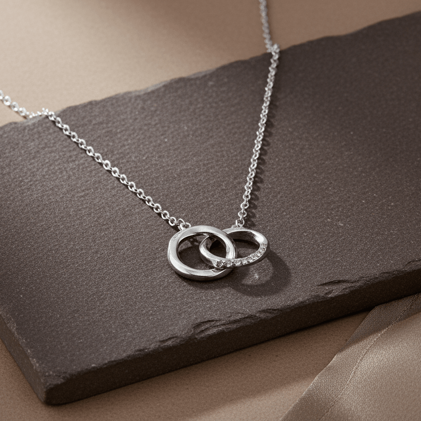 925 Sterling Silver Interlocking Rings Necklace with CZ Accent - Zirak Silver
