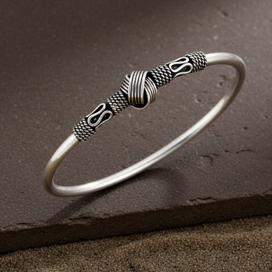925 Sterling Silver Knot Detail Open Bangle Bracelet - Zirak Silver