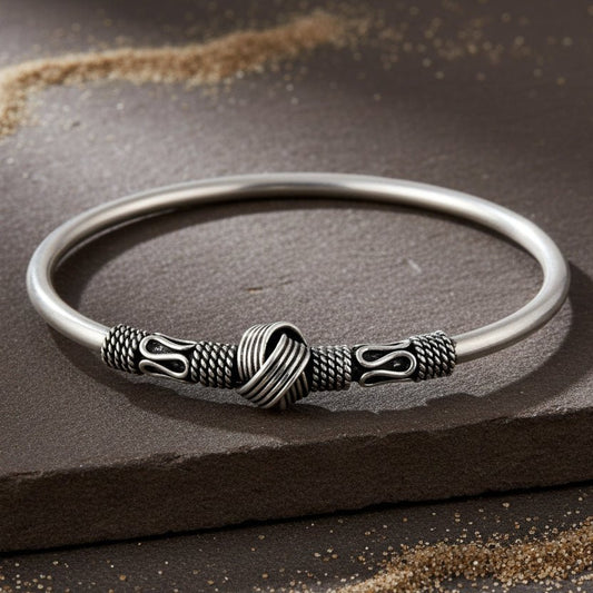 925 Sterling Silver Knot Detail Open Bangle Bracelet - Zirak Silver