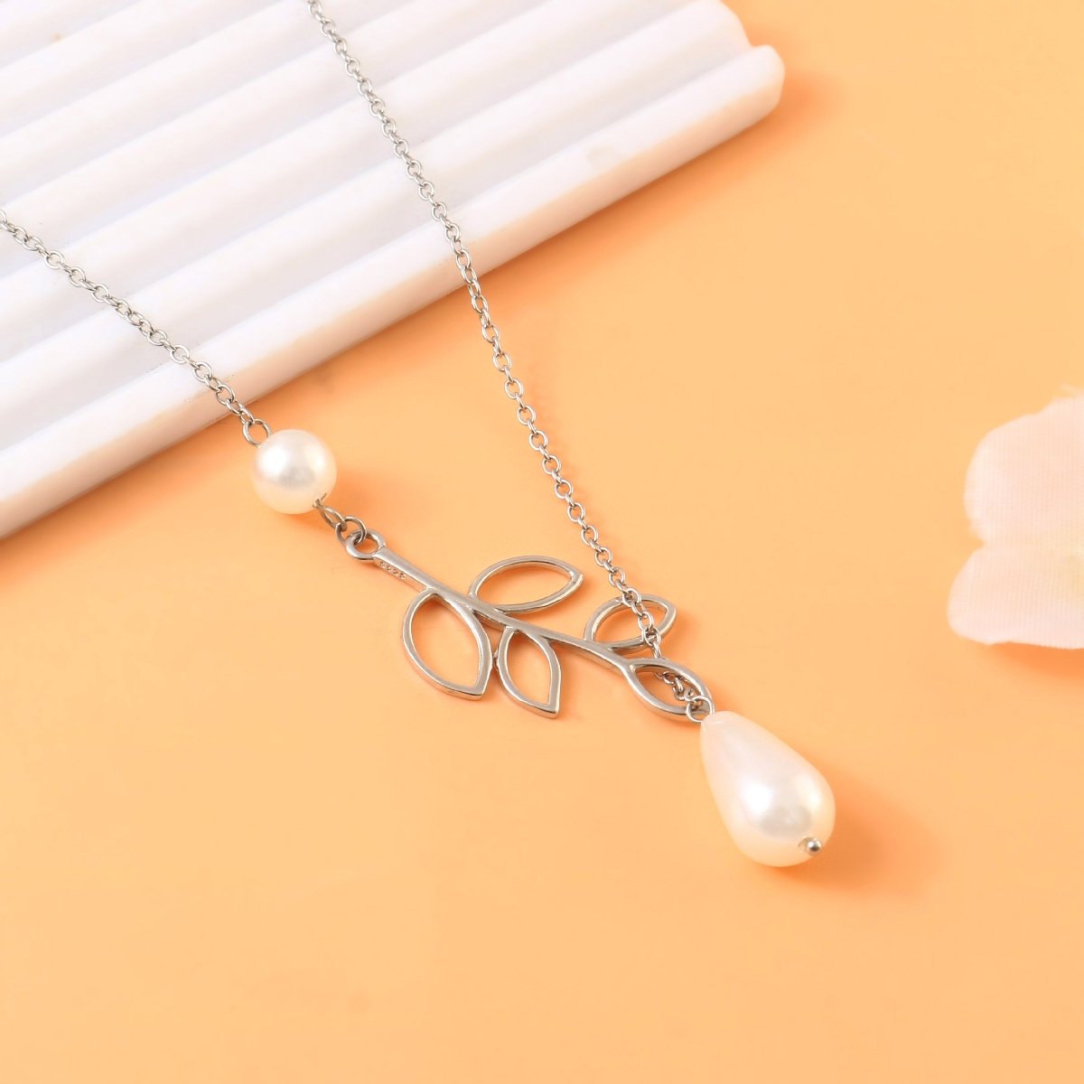 925 Sterling Silver Leaf and Pearl Necklace | Nature - Inspired Silver Pendant with Teardrop and Round Pearl Charms - Zirak Silver