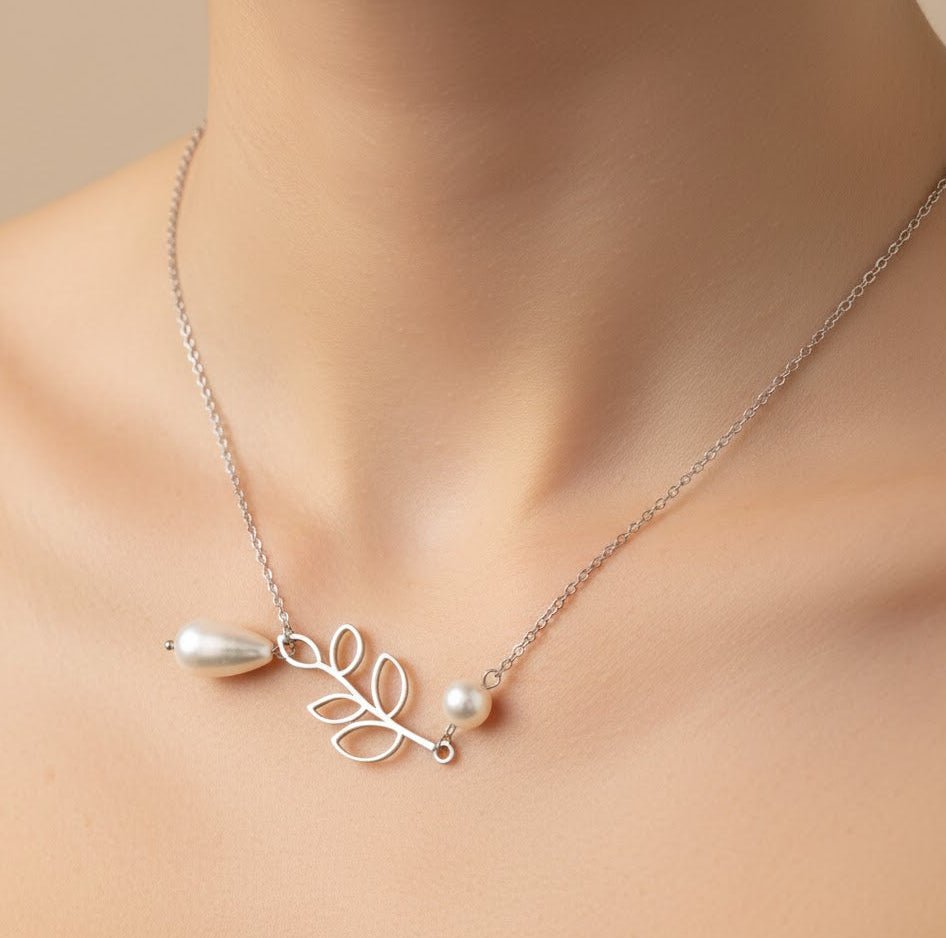 925 Sterling Silver Leaf and Pearl Necklace | Nature - Inspired Silver Pendant with Teardrop and Round Pearl Charms - Zirak Silver