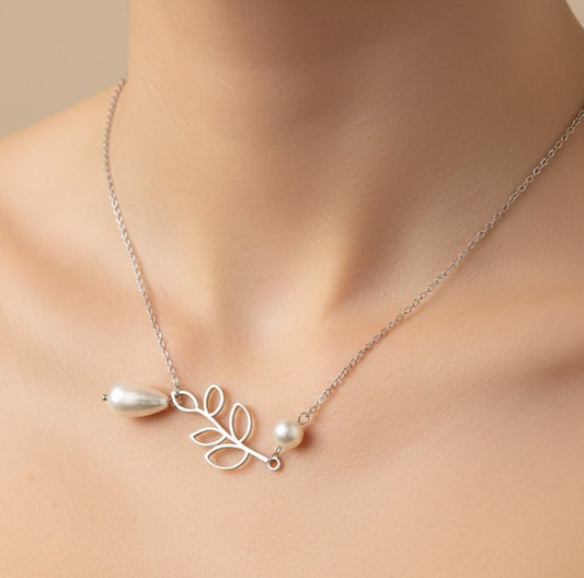 925 Sterling Silver Leaf and Pearl Necklace | Nature - Inspired Silver Pendant with Teardrop and Round Pearl Charms - Zirak Silver