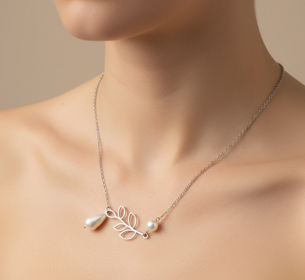 925 Sterling Silver Leaf and Pearl Necklace | Nature - Inspired Silver Pendant with Teardrop and Round Pearl Charms - Zirak Silver