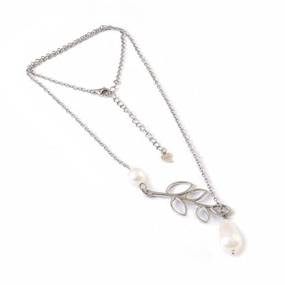 925 Sterling Silver Leaf and Pearl Necklace | Nature - Inspired Silver Pendant with Teardrop and Round Pearl Charms - Zirak Silver