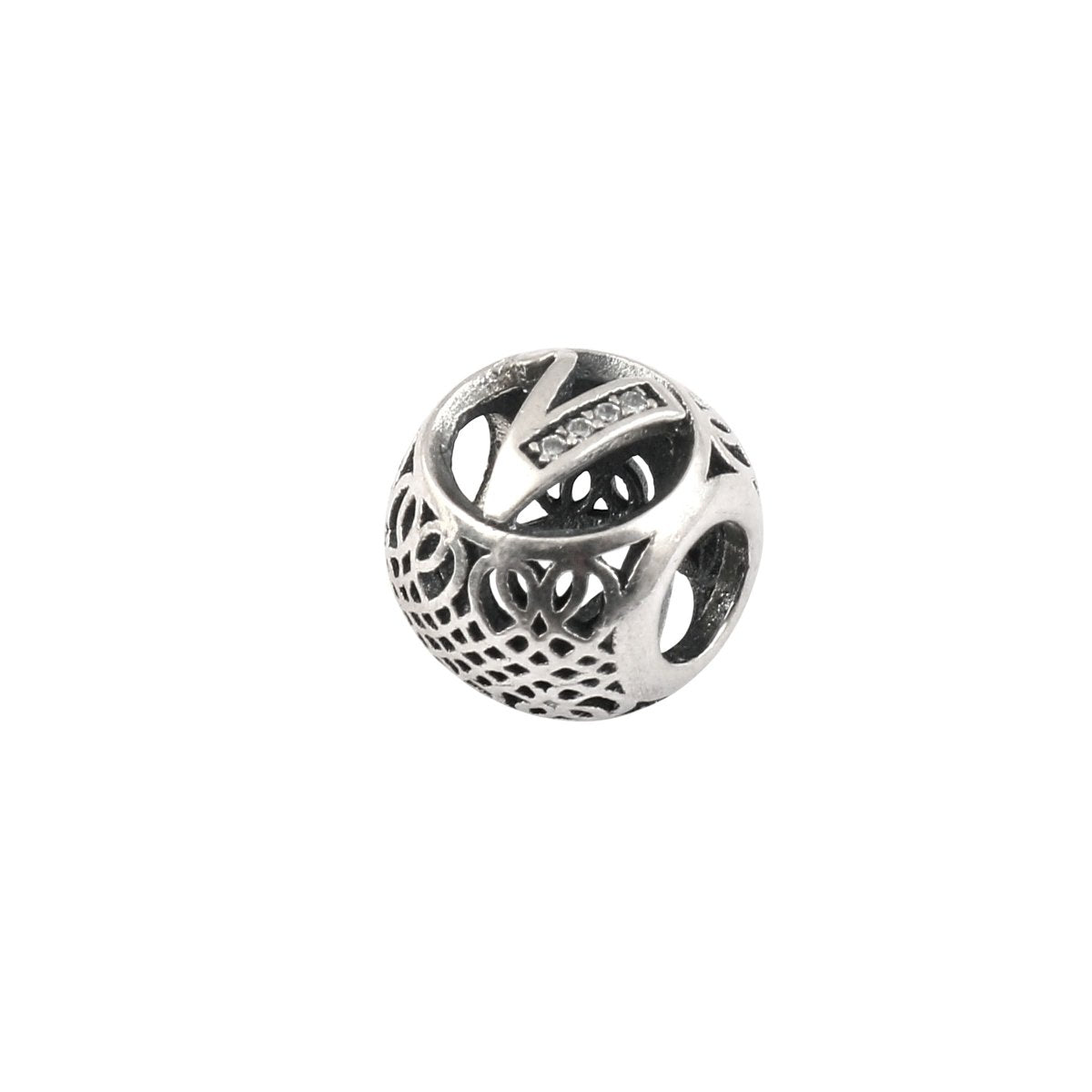 925 Sterling Silver Letter V Charm Bead with CZ Accent - Zirak Silver