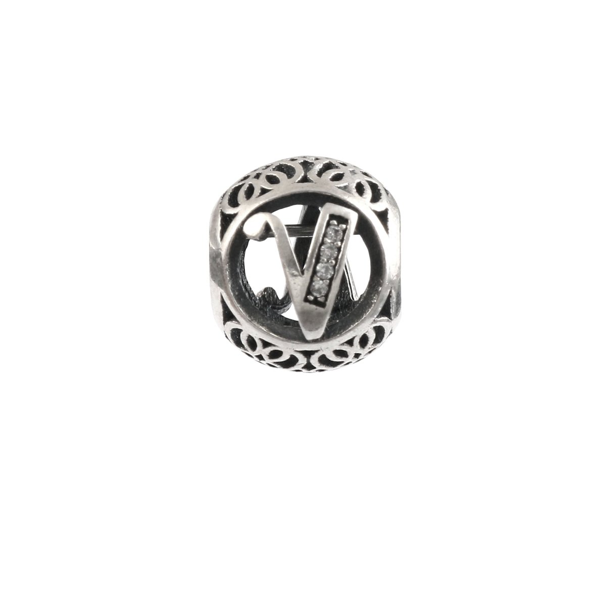 925 Sterling Silver Letter V Charm Bead with CZ Accent - Zirak Silver