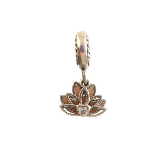 925 Sterling Silver Lotus Flower Charm with Peach Enamel & CZ Accent - Zirak Silver