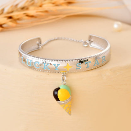 925 Sterling Silver “Lucky Star” Bangle with Dangling Ice - Cream Cone Charm – Adjustable Kids Bracelet - Zirak Silver