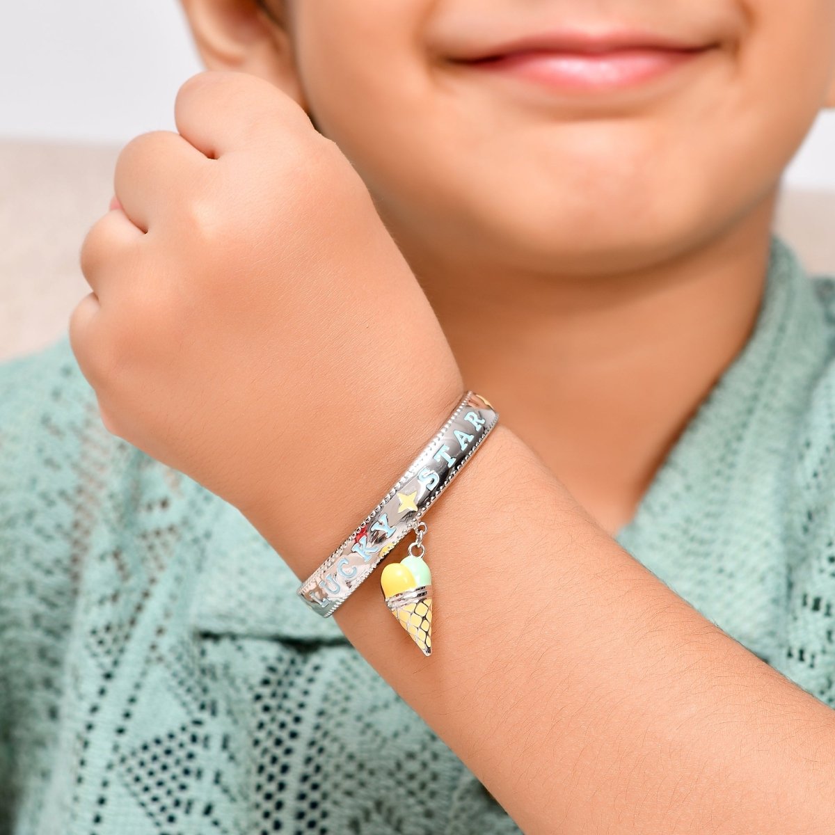925 Sterling Silver “Lucky Star” Bangle with Dangling Ice - Cream Cone Charm – Adjustable Kids Bracelet - Zirak Silver