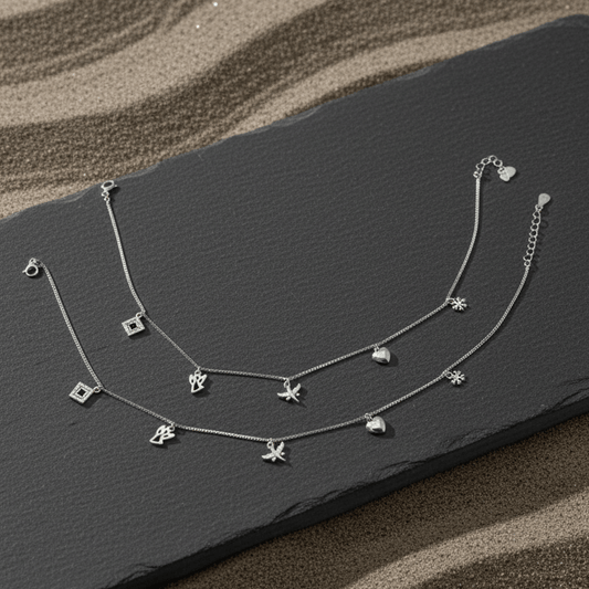 925 Sterling Silver Multi - Charm Anklet Pair - Zirak Silver