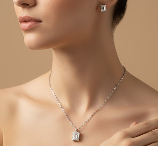 925 Sterling Silver Necklace and Stud Set | Minimal Baguette CZ Pendant & Earring Set for Women - Zirak Silver