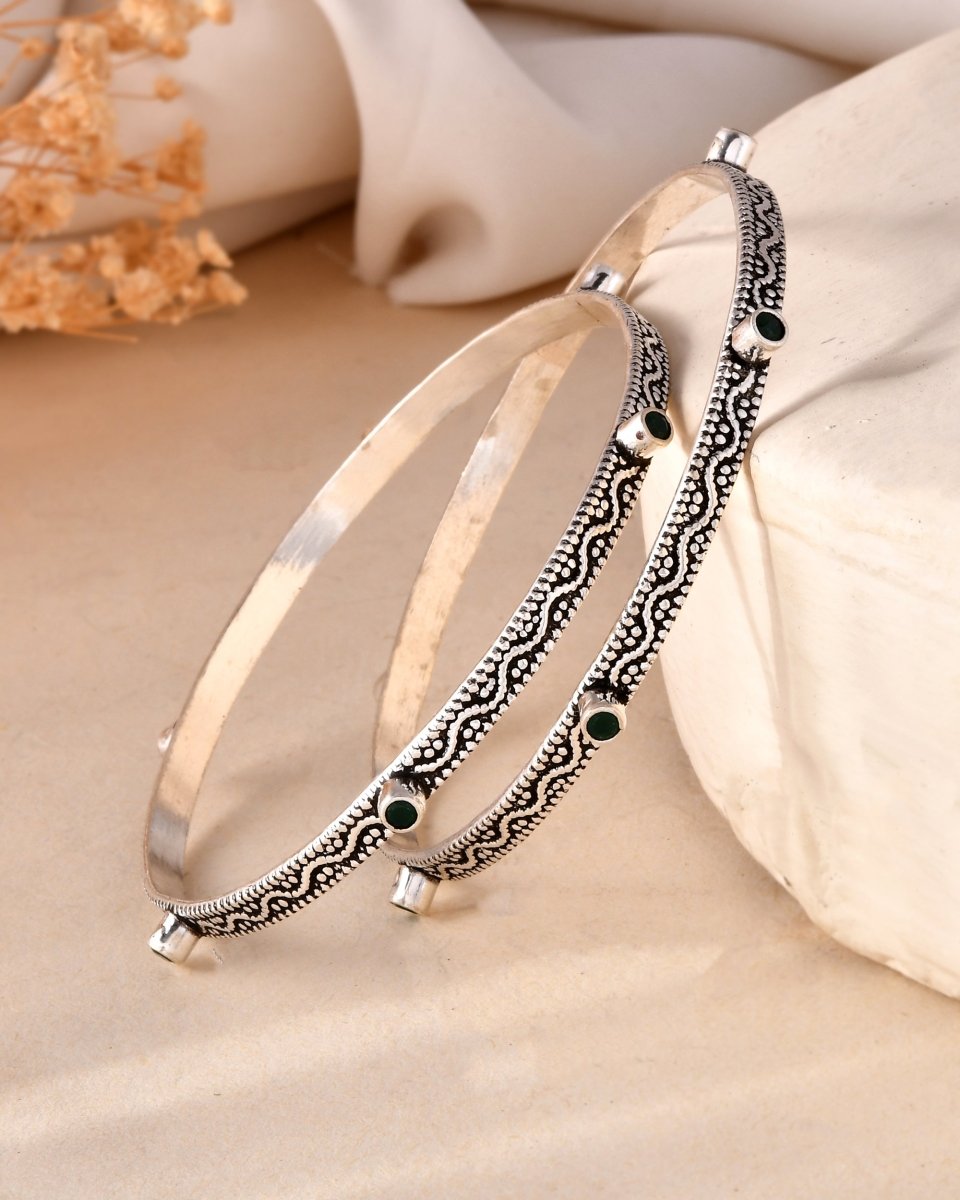 925 Sterling Silver Oxidized Bangles with Green Stone Detailing – Elegant Bangle Pair - Zirak Silver