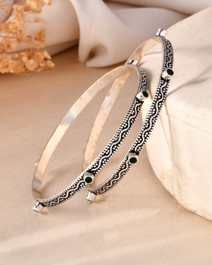 925 Sterling Silver Oxidized Bangles with Green Stone Detailing – Elegant Bangle Pair - Zirak Silver