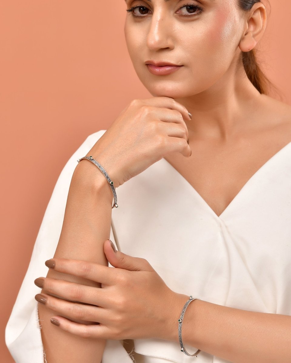 925 Sterling Silver Oxidized Bangles with Green Stone Detailing – Elegant Bangle Pair - Zirak Silver