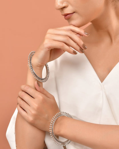 925 Sterling Silver Oxidized Beaded Edge Bangles – Traditional Bangle Pair - Zirak Silver