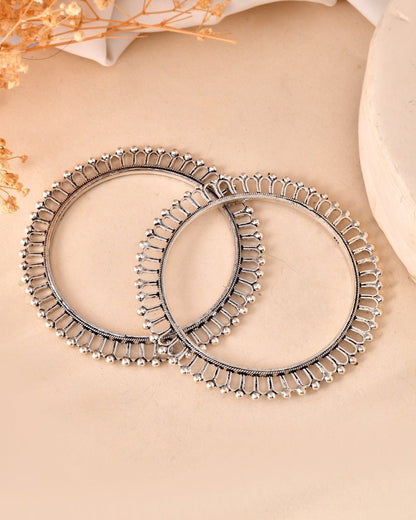 925 Sterling Silver Oxidized Beaded Edge Bangles – Traditional Bangle Pair - Zirak Silver
