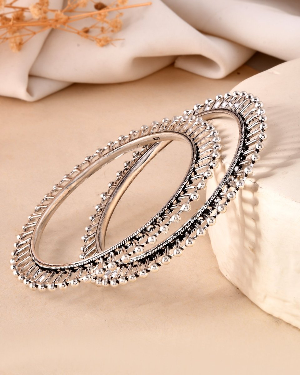 925 Sterling Silver Oxidized Beaded Edge Bangles – Traditional Bangle Pair - Zirak Silver