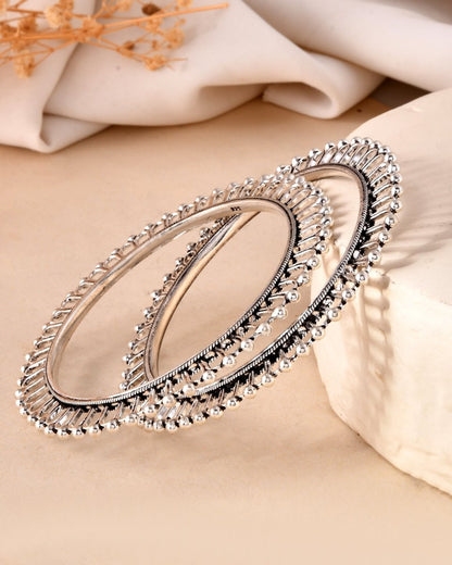 925 Sterling Silver Oxidized Beaded Edge Bangles – Traditional Bangle Pair - Zirak Silver