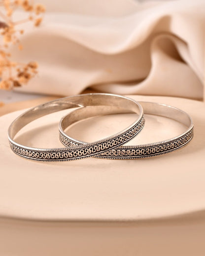 925 Sterling Silver Oxidized Chain Pattern Bangles – Traditional Indian Kada Set - Zirak Silver